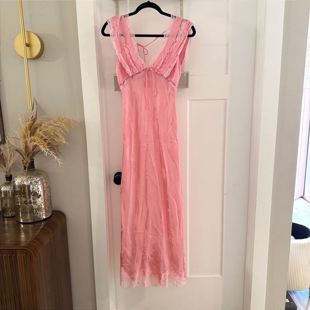 For Love & Lemons Adrift Maxi Dress Pink Floral Jacquard Lace Trim S Coquette